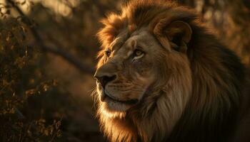 majestoso leão caminhando através a africano savana gerado de ai foto