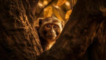 fofa jovem macaque sentado dentro tropical floresta gerado de ai foto