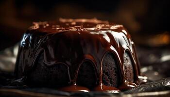 indulgente chocolate bolo fatia com cremoso gelo gerado de ai foto