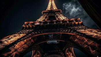 majestoso eiffel torre ilumina Paris às crepúsculo gerado de ai foto