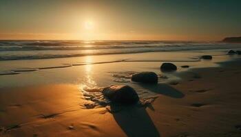 dourado horizonte sobre tranquilo águas, natureza beleza gerado de ai foto