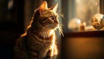 fofo gatinho encarando Fora janela dentro luz solar gerado de ai foto