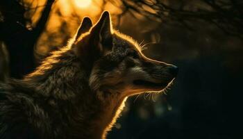 cinzento Lobo uivando dentro outono floresta noite gerado de ai foto