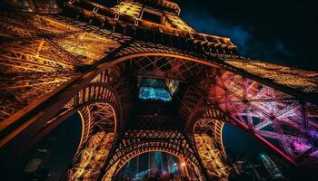 majestoso eiffel torre ilumina Paris às noite gerado de ai foto