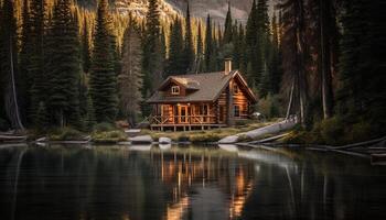 rústico registro cabine aninhado dentro tranquilo floresta gerado de ai foto