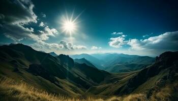 majestoso montanha faixa, tranquilo Prado, pôr do sol beleza gerado de ai foto