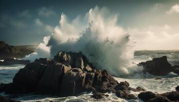 rude ondas batida em rochoso litoral às pôr do sol gerado de ai foto