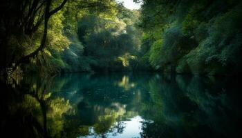 tranquilo cena do reflexão dentro floresta lagoa gerado de ai foto