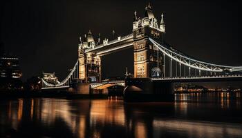 iluminado ponte reflete majestoso cidade Horizonte às crepúsculo gerado de ai foto