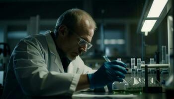 caucasiano cientista examinando líquido, analisando bioquímica descoberta gerado de ai foto