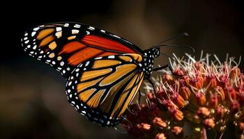gracioso monarca borboleta poliniza vibrante amarelo flor gerado de ai foto