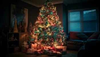 brilhando Natal árvore ilumina família alegre casa gerado de ai foto