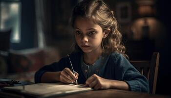 fofa loiro menina sentado às mesa desenhando gerado de ai foto