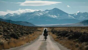 1 pessoa ciclismo através montanha terreno, explorando gerado de ai foto