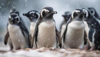 gentoo pinguins bamboleando dentro uma Nevado colônia gerado de ai foto