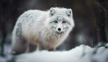 ártico Lobo caminhando dentro neve coberto floresta gerado de ai foto