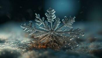 brilhante floco de neve brilha em Sombrio inverno noite gerado de ai foto