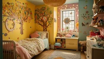 confortável moderno quarto com brilhante multi colori decoração gerado de ai foto
