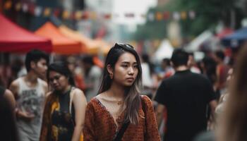 jovem mulher sorridente, olhando às Câmera ao ar livre gerado de ai foto