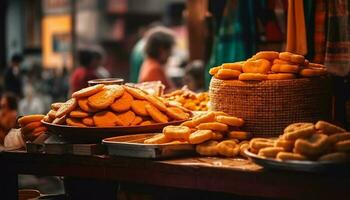 mercado fornecedor vendendo gourmet rua Comida lanches gerado de ai foto