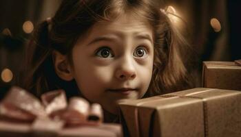 fofa caucasiano menina segurando Natal presente caixa, sorridente gerado de ai foto