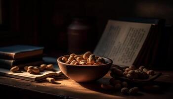 maluco ingredientes em rústico mesa, saudável lanche gerado de ai foto