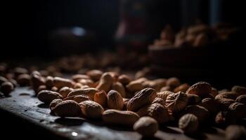 saudável nozes e frutas dentro rústico tigela gerado de ai foto