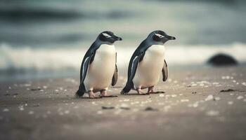 gentoo pinguins bamboleando em gelado litoral gerado de ai foto