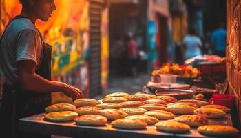 1 pessoa vendendo fresco rua Comida ao ar livre gerado de ai foto