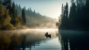 homens canoagem dentro tranquilo floresta, retroiluminado de pôr do sol gerado de ai foto