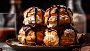 açoitado creme, chocolate molho, eclair indulgência gerado de ai foto