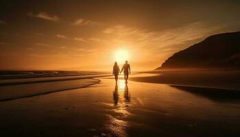 jovem casal abraços às pôr do sol em de praia gerado de ai foto