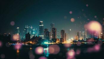 brilhando cidade Horizonte reflete em cintilante água gerado de ai foto