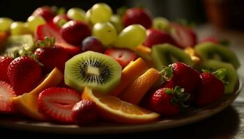 fresco fruta salada com maduro bagas e kiwi gerado de ai foto