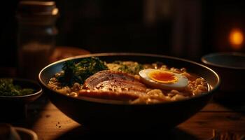 recentemente cozinhou gourmet refeição em rústico madeira mesa gerado de ai foto