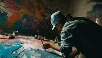 1 homem sentado, concentração em acrílico pintura gerado de ai foto