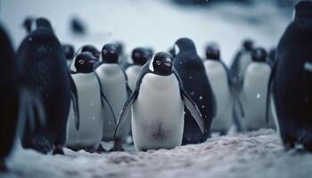 grupo do pinguins bamboleando em congeladas gelo generativo ai foto