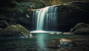 majestoso cascata fluxos através tropical floresta tropical panorama gerado de ai foto