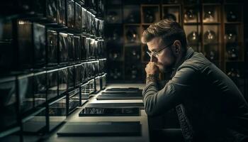 1 sério homem de negocios lendo dentro Sombrio biblioteca gerado de ai foto