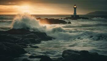 pôr do sol sobre tranquilo paisagem marítima, ondas espirrando pedras generativo ai foto