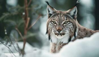 majestoso neve leopardo perseguição através inverno floresta generativo ai foto