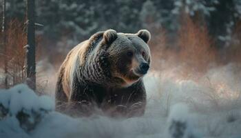 majestoso grisalho Urso caminhando dentro Nevado floresta generativo ai foto