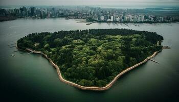 panorâmico cidade Horizonte, verde floresta, náutico embarcação generativo ai foto