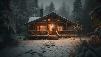 iluminado registro cabine dentro Nevado floresta panorama generativo ai foto