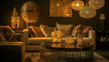 luxo moderno vivo quarto com elegante decoração gerado de ai foto