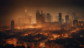 brilhando paisagem urbana às crepúsculo moderno e lotado gerado de ai foto