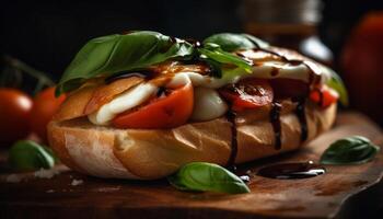 grelhado ciabatta sanduíche com fresco mozzarella e tomate gerado de ai foto