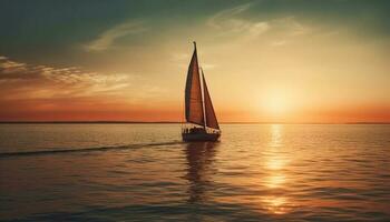 barco a vela silhueta desliza em tranquilo horizonte sobre água gerado de ai foto