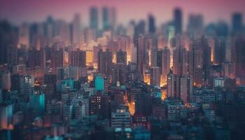 brilhando paisagem urbana às crepúsculo moderno e lotado gerado de ai foto