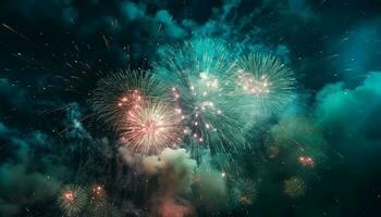 explosivo celebração inflama vibrante fogo de artifício exibição ao ar livre gerado de ai foto